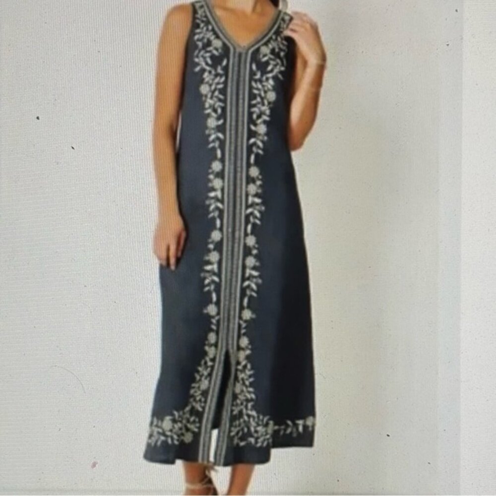 [New] Pure Jill (1X) Gray & Cream Embroidered Sleeveless Midi Shift Dress